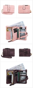 Detail of RFID women's trifold wallet showing internal card slots and zipper pocket
