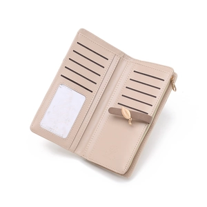 Long pink PU leather wallet for women with leaf pendant and multi-card slot storage