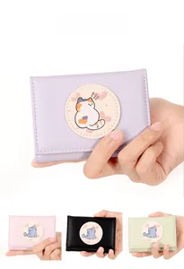 Mini PU leather tri-fold wallets in four colors with cute cartoon cat patch design