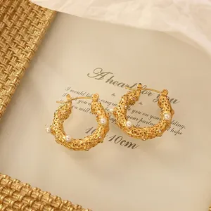 French vintage gold hammer-textured U-shape earrings with imitation pearls and zircons