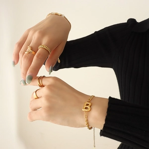 Titanium Steel Gold Plated Cuban Chain Bracelet With Bamboo Texture Letter B Pendant Hip Hop Style Trendy Jewelry
