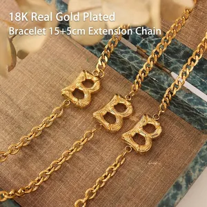 18K gold plated Cuban chain bracelet with vintage B pendant and adjustable link design