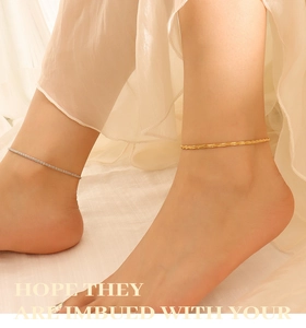 Detail showing 18K gold wave twist and silver crystal paved anklets on model feet