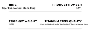 Detailed chart showing titanium steel tiger eye ring specifications and product weight