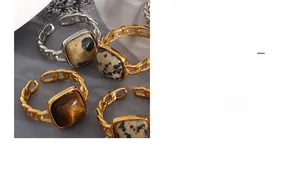 Detail of square-cut tiger's eye and dalmatian jasper inlay on chain-link open rings