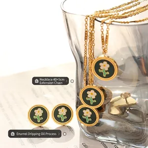 Golden flower jewelry set with 40+5cm oil-drop necklace and matching stud earrings