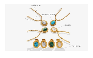 Détail des parures de bijoux en pierre ovale avec dimensions du collier et boucles