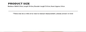 Detailed product dimensions for the heart necklace and bracelet jewelry set