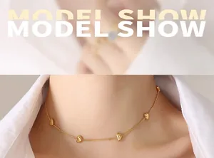 Delicate gold-plated choker necklace featuring five small solid heart charms on a thin chain