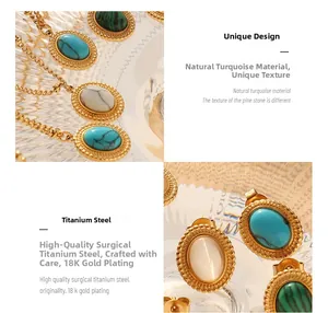 Détail du parure collier et boucles d'oreilles turquoise ovale en titane plaqué or 18K