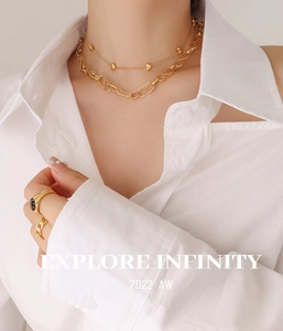 Detail of layered gold heart necklace and infinity chain with smiley face rings on model