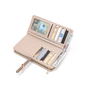 Beige PU leather long wallet for women featuring multi-card slots and zippered coin pouch