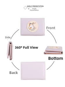 Multi-angle views of a purple trifold wallet featuring a cute cartoon cat print