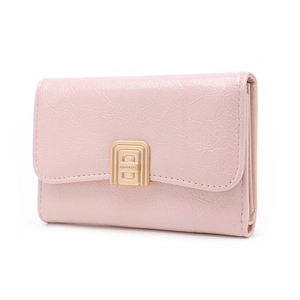 Pink faux leather folding wallet with gold metal clasp and stitching details on white background