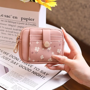 Women Short Wallet PU Leather Floral Print Multi Card Holder Zipper Snap Closure With Metal Hook Simple Fashion