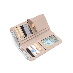 Women long PU leather snowflake print wallet with multiple card slots and leaf pendant