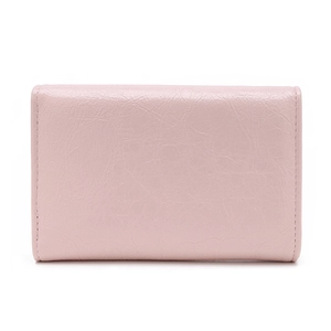 Pink textured PU leather minimalist folding wallet for women with neat stitching detail