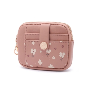 Pink PU leather compact floral wallet with card slots and metal zipper for women