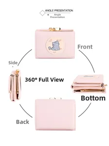 Vues multiples d'un petit portefeuille rose pour chat avec fermoir en cœur