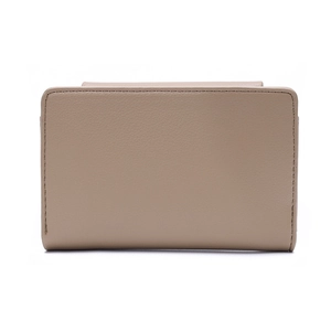 Elegant beige pebbled leather foldover wallet with premium stitching and minimalist design