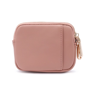 Minimalist dusty pink PU leather zipper coin purse with front pocket on white background