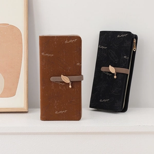 Detail showing printed PU leather wallets with leaf pendants and metal clasps