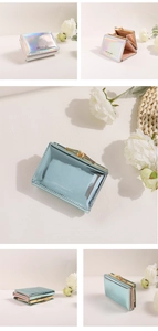 Iridescent laser PU leather triple-fold wallet featuring metal clasp and coin pocket detail