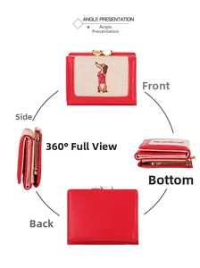 Detailed views of trifold PU leather wallet featuring cute dachshund embroidery and heart lock