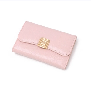 Close-up of pink PU leather wallet featuring a gold metal buckle and textured finish