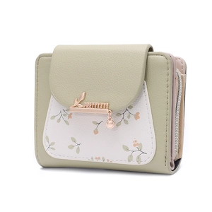 Women's short PU leather wallet with floral patchwork and gold leaf metal clasp