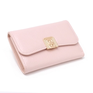 Pink minimalist trifold wallet with gold buckle and crackle texture leather for women