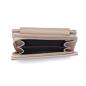 Beige floral faux leather wallet for women with zipper coin pocket and gold hardware