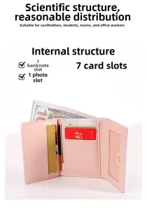 Pink faux leather tri-fold wallet detail with 7 card slots and 1 cash pocket