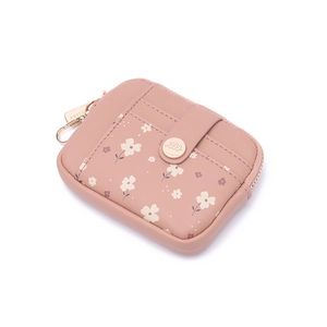 Detail of pink floral PU leather wallet with snap card slot and golden zipper hook
