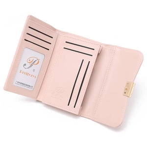 Minimalist light pink tri-fold PU leather wallet for women with multiple card slots