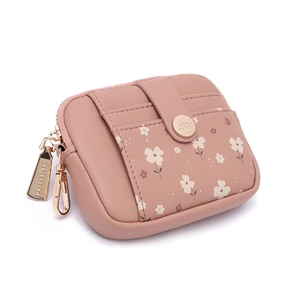 Detail of Morandi pink leather wallet featuring floral prints and golden zipper hardware