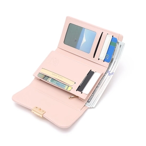 Pink faux leather tri-fold wallet with multiple card slots and ID window for women