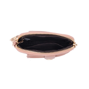 Pink PU leather mini coin purse with gold zipper and interior compartment view
