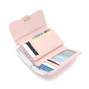 Pink leather wallet for women with multiple card slots and gold clasp in a 45-degree view