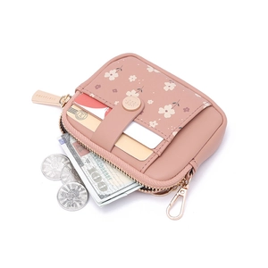 Pink floral PU leather mini wallet with zipper pocket and card slots for women