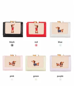 Short tri-fold PU leather wallets with cute dachshund embroidery in six vibrant colors
