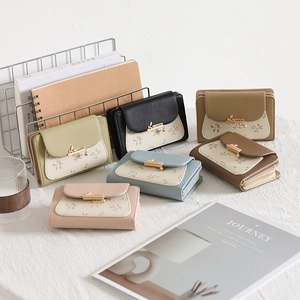 Short PU leather floral wallets for women with leaf metal clasp in assorted colors