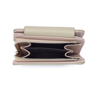 Short bi-fold wallet in beige and sage green faux leather with zipper coin pocket
