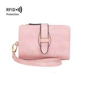 Pink matte RFID blocking minimalist short wallet for women with wristlet strap and buckle