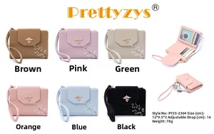 Detailed view of women's short bifold wallet with bird embroidery and zipper pocket