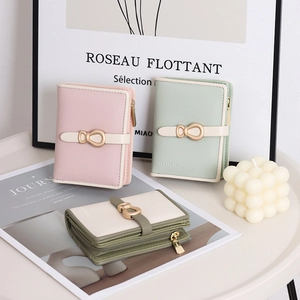 Women Short Folding Wallet PU Leather Saffiano Texture Metal Bow Buckle Multi-functional Card Holder Coin Purse With Zipper