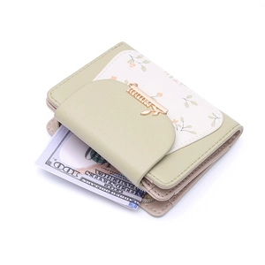 Floral print tri-fold short wallet with leaf metal buckle and zipper coin pocket