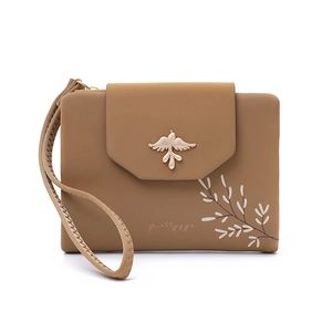 Brown PU leather wallet featuring gold bird clasp and white leaf print with wristlet