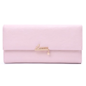 Close-up of light pink long wallet with golden PRETTYZYS logo and leaf pendant