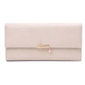 Close-up of beige leather wallet featuring a gold leaf clasp with a pearl charm detail